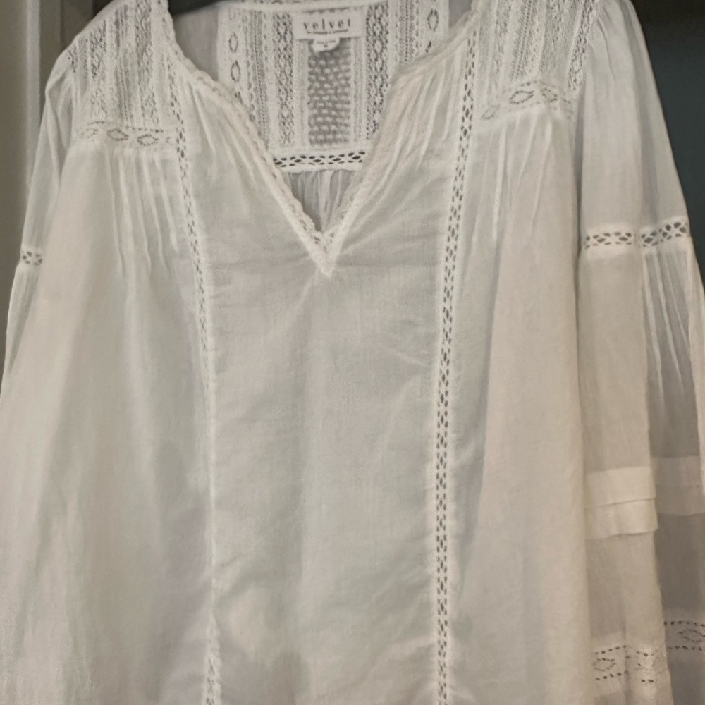 Velvet White Bell Sleeve Blouse with Embellished Pleats